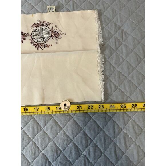 Antique Elegant Embroidered Symbol Pattern 100% Silk Scarf Chinese Beige - Picture 2 of 8